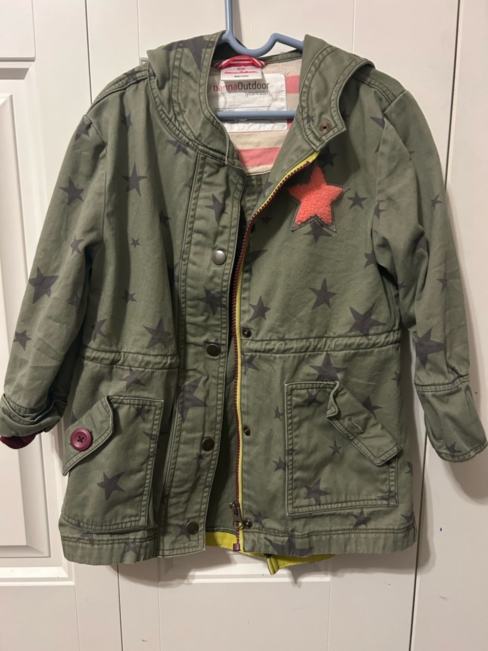 Hanna Andersson Olive Star Hooded Kids Jacket with Orange Star Patch